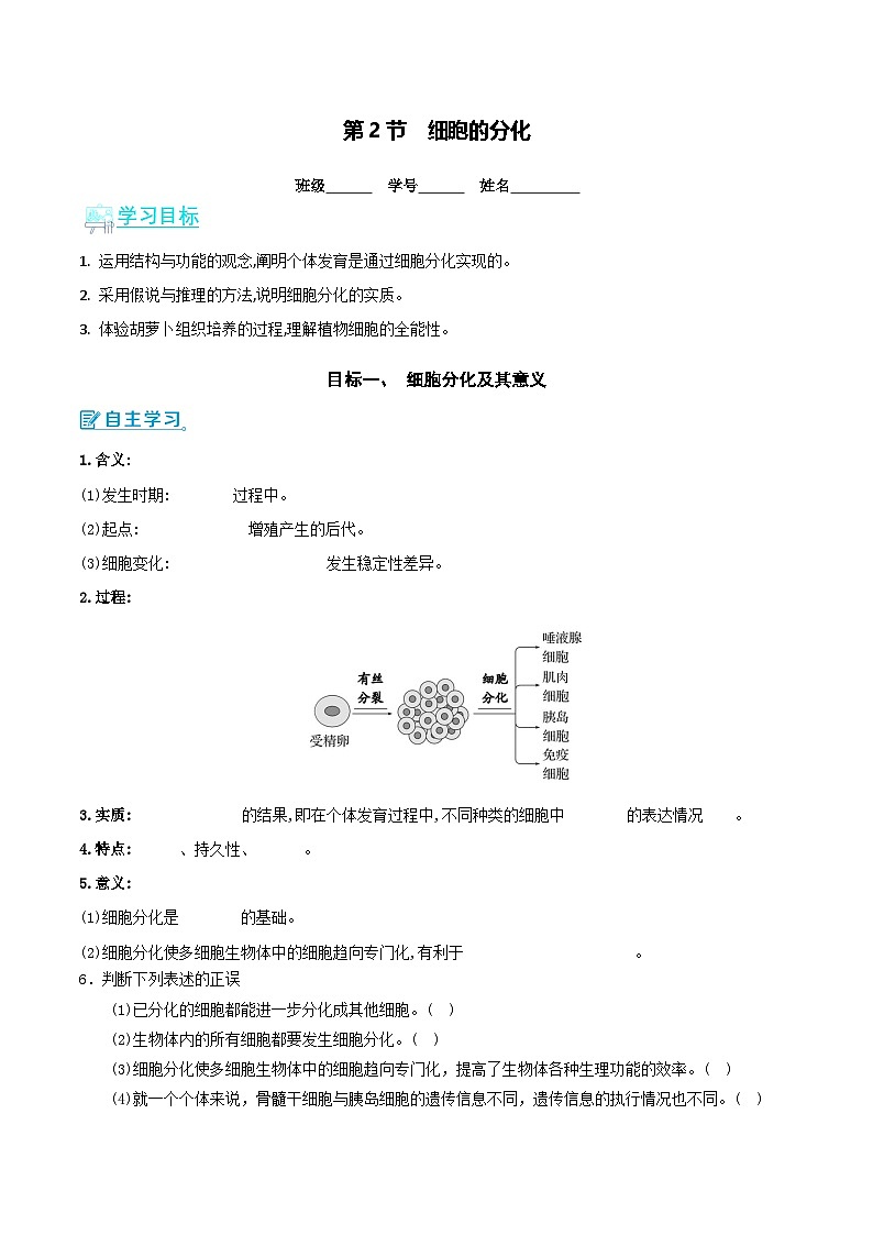 人教版（2019）高中生物必修一 6.2《細(xì)胞的分化》導(dǎo)學(xué)案（原卷版）第1頁(yè)