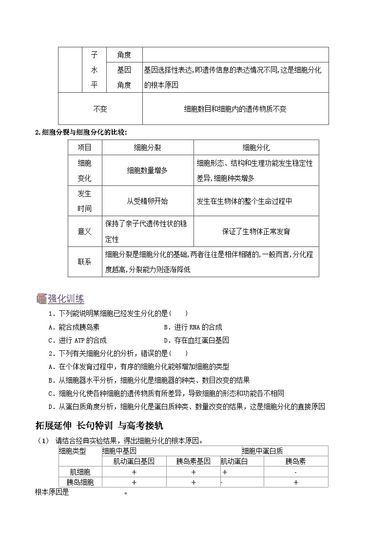 人教版（2019）高中生物必修一 6.2《細(xì)胞的分化》導(dǎo)學(xué)案（原卷版）第3頁(yè)