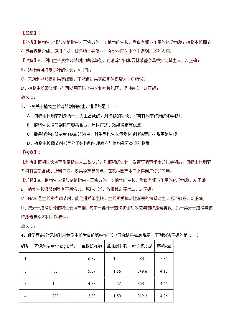 人教版高二生物选择性必修一 5.3 《植物生长调节剂的应用》分层练习(原卷+解析卷)02
