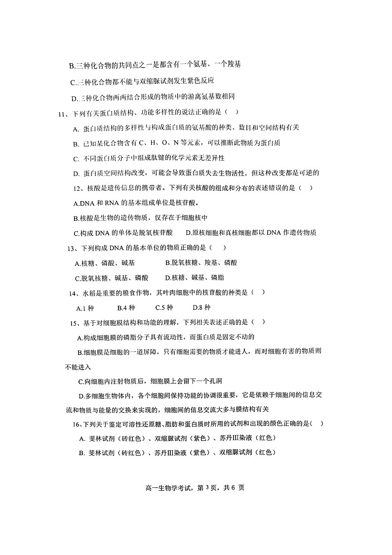 2022-2023学年高一上学期10月十堰市联合体期中联考生物试卷(附答案)03