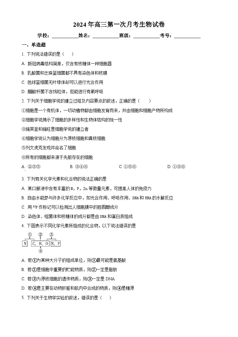 江西省宜春市丰城市第二中学2024-2025学年高三上学期8月第一次月考生物试题(原卷版)第1页