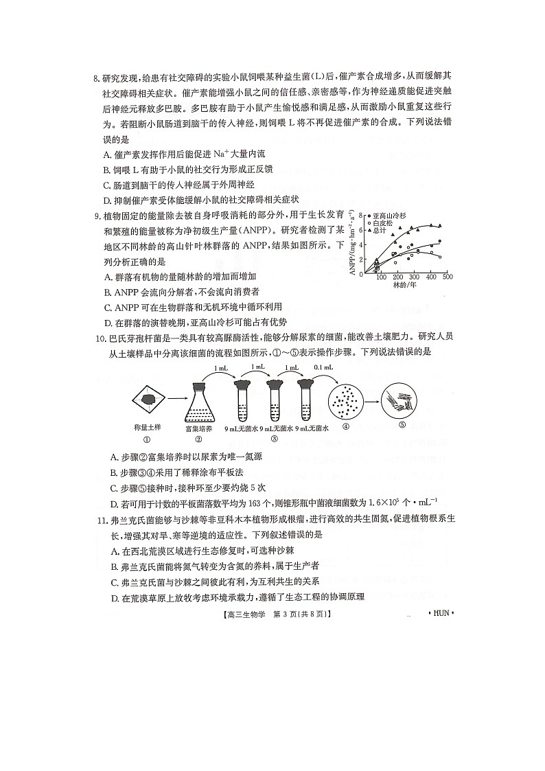 湖南省湖南省部分学校2024-2025学年高三上学期8月月考生物试题03