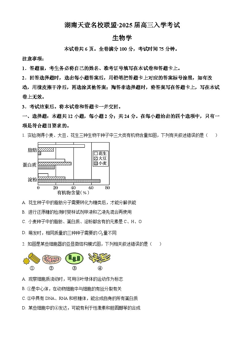 湖南省部分学校2025届高三上学期8月入学考试生物试题(Word版附解析)01