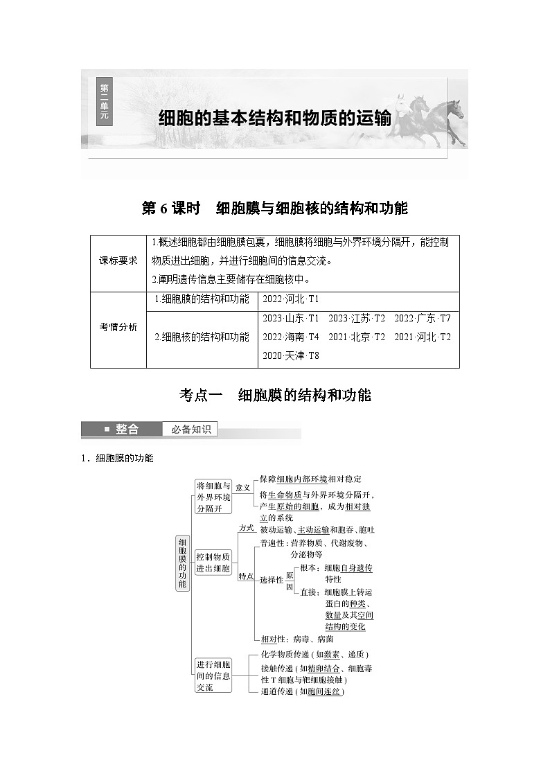 第二單元　第6課時(shí)　細(xì)胞膜與細(xì)胞核的結(jié)構(gòu)和功能-2025年高考生物大一輪復(fù)習(xí)（課件+講義+練習(xí)）教師版第1頁(yè)