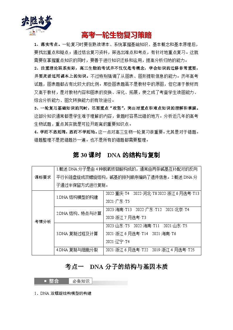 第六单元 第30课时 DNA的结构与复制-2025年高考生物大一轮复习(课件+讲义+练习)教师版第1页