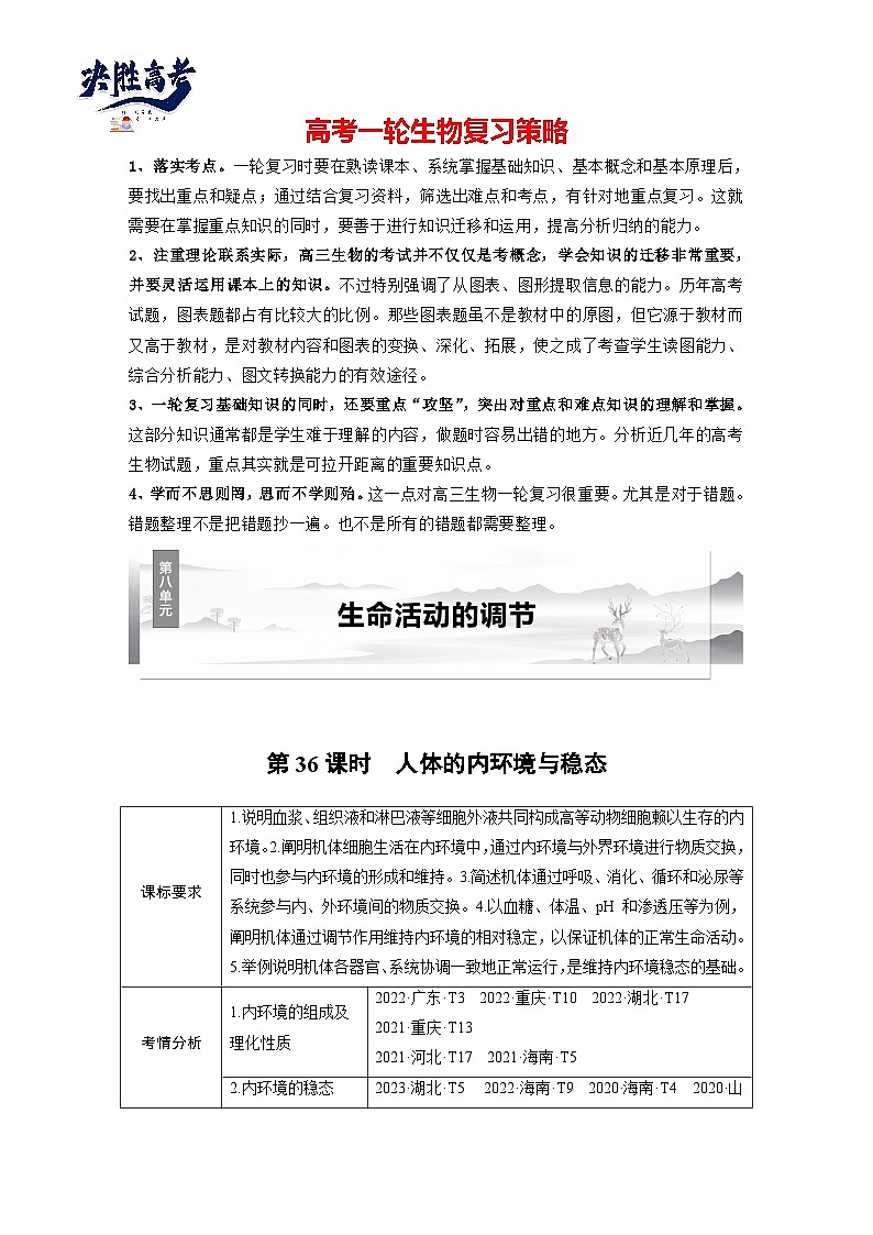 第八单元 第36课时 人体的内环境与稳态-2025年高考生物大一轮复习(课件+讲义+练习)01