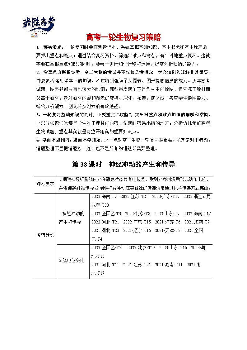 第八单元 第38课时 神经冲动的产生和传导-2025年高考生物大一轮复习(课件+讲义+练习)教师版第1页