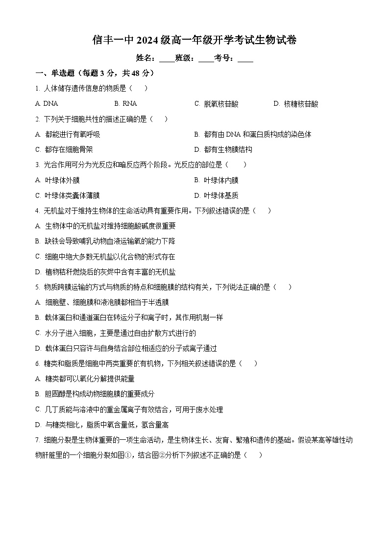 江西省赣州市信丰县信丰县第一中学（江西省信丰中学北校区）2024-2025学年高一上学期开学生物试题（原卷版）