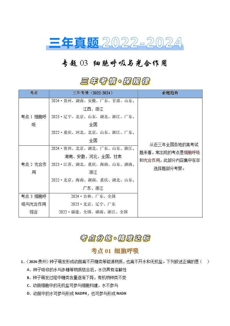 三年(2022-2024)高考生物真题分类汇编(全国通用)专题03 细胞呼吸和光合作用(原卷版)01