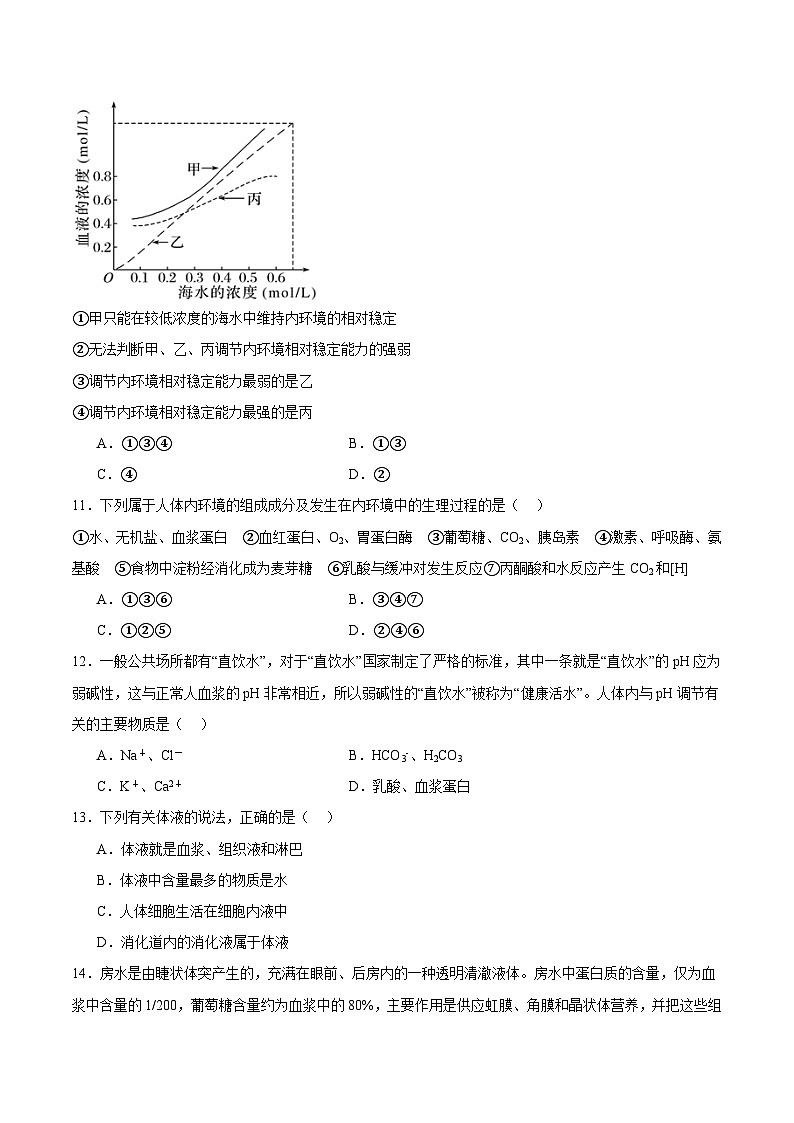 浙教版2019高二生物选择性必修1 第一章内环境与稳态(章末检测)03