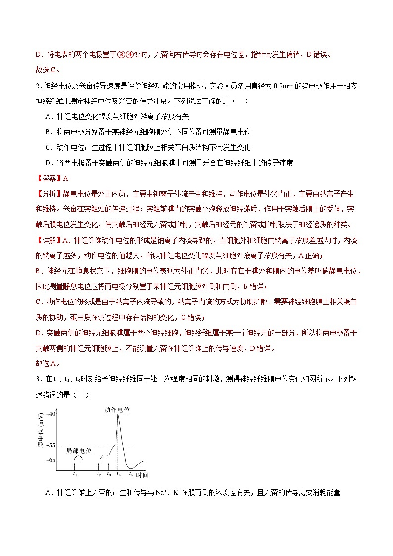 浙教版2019高二生物选择性必修1 2.2神经冲动的产生和传导 分层练习02