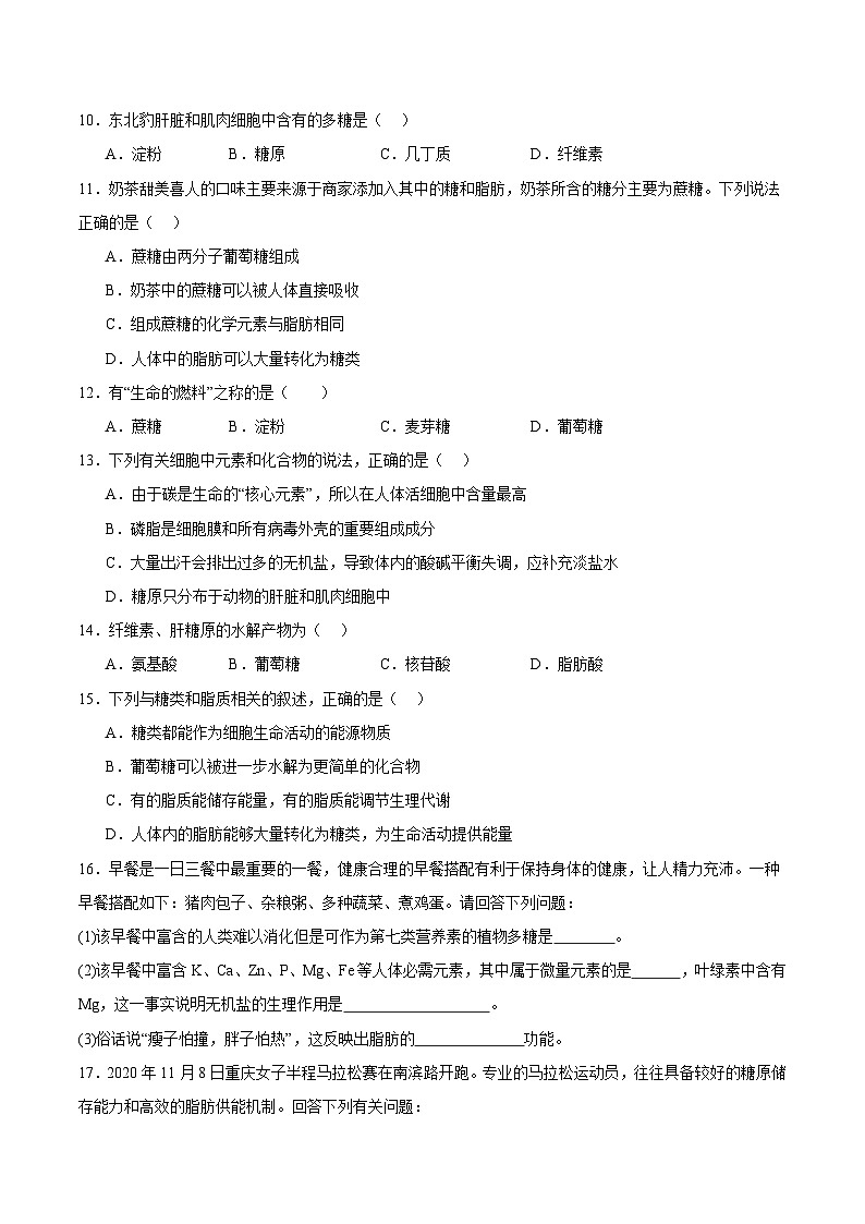 浙科版2019高一生物必修一 1.2生物大分子以碳链为骨架(第1课时糖类、脂质) 分层练习02