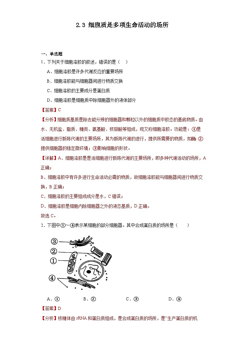 浙科版2019高一生物必修一 2.3细胞质是多项生命活动的场所 分层练习01