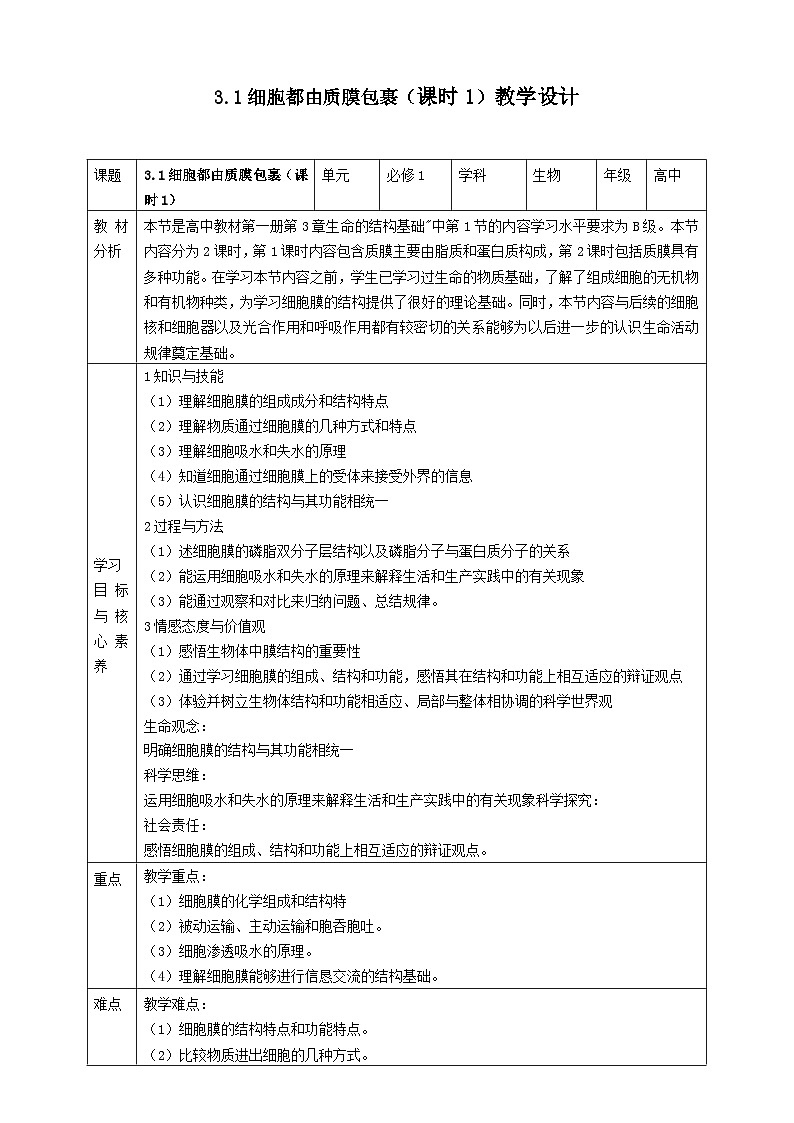 3.1细胞都由质膜包裹(课时1) 教案第1页