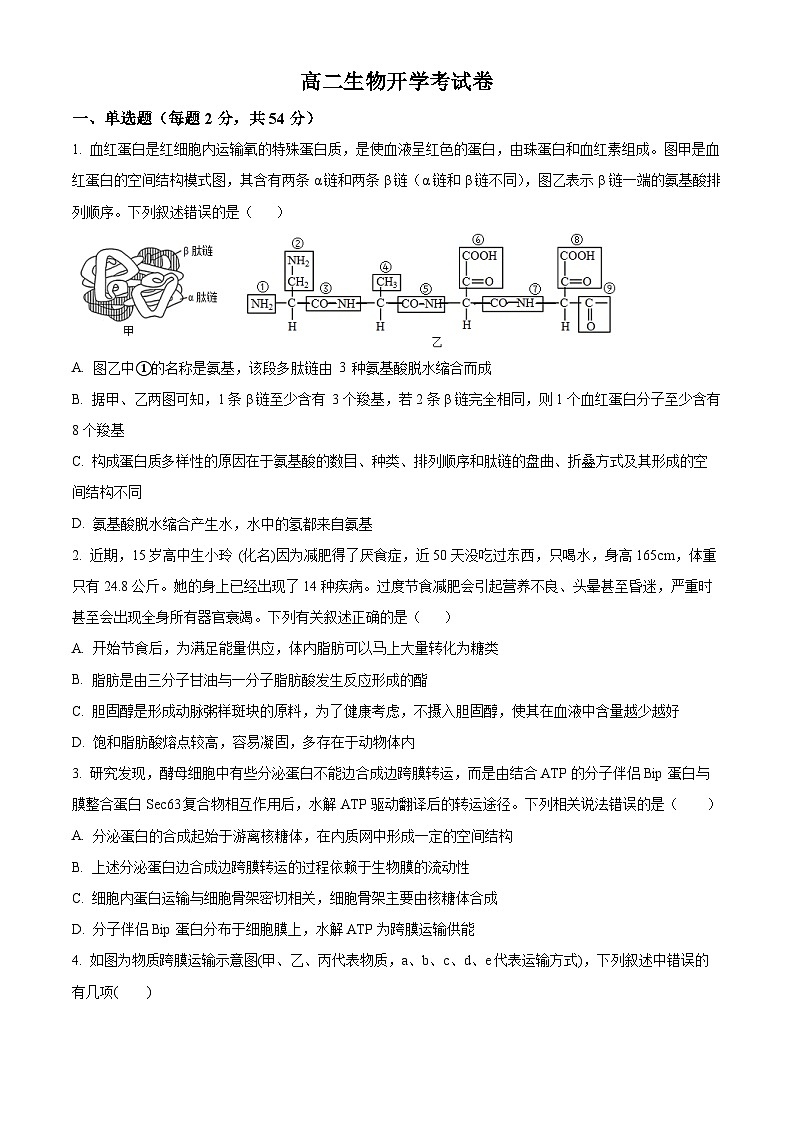 安徽省阜阳市临泉县第一中学2024-2025学年高二上学期开学考试生物试题(原卷版)第1页