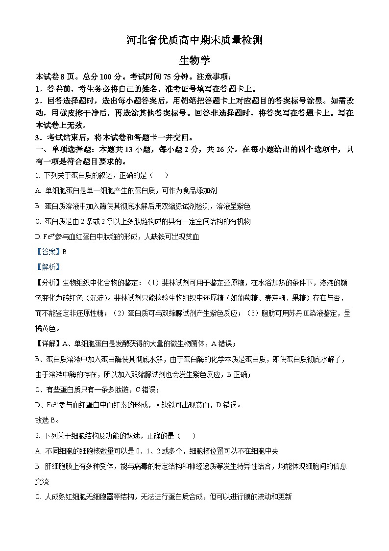 河北省邯郸市魏县2024-2025学年高三上学期开学生物试题(解析版)01