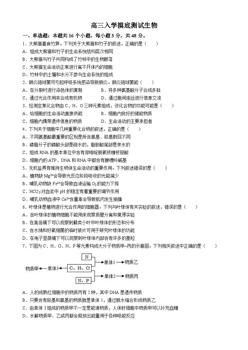四川省成都列五中学2024-2025学年高三上学期入学摸底测试生物试题 Word版含答案第1页