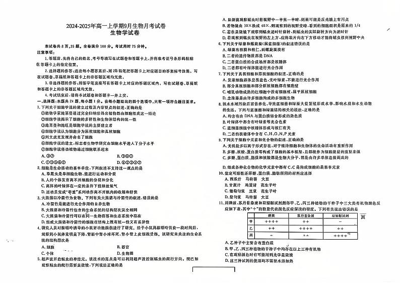 云南省红河州2024-2025学年高一上学期9月月考生物试题第1页