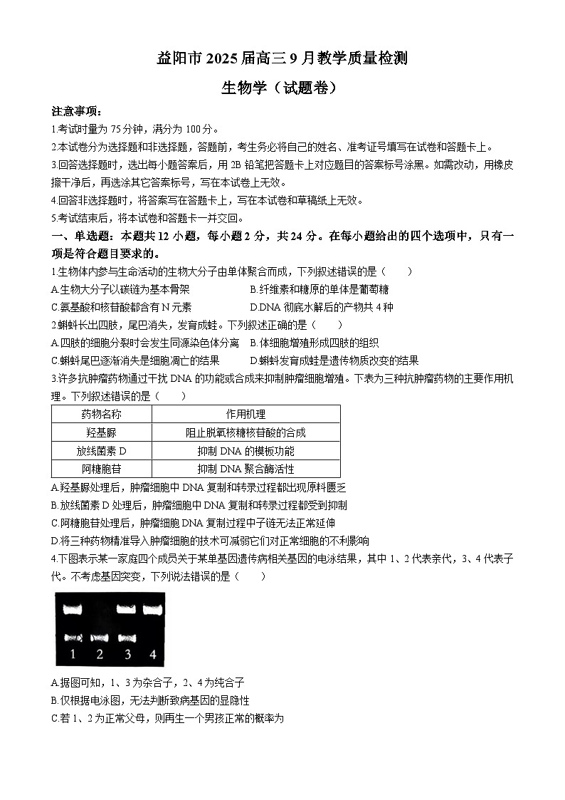 湖南省益陽市2024-2025學(xué)年高三上學(xué)期9月第一次教學(xué)質(zhì)量檢測生物試題第1頁