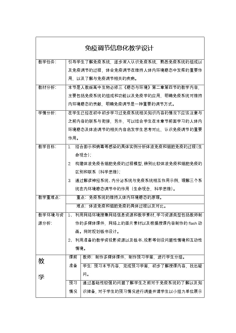 2.4免疫调节 教学设计 高中生物人教版必修302