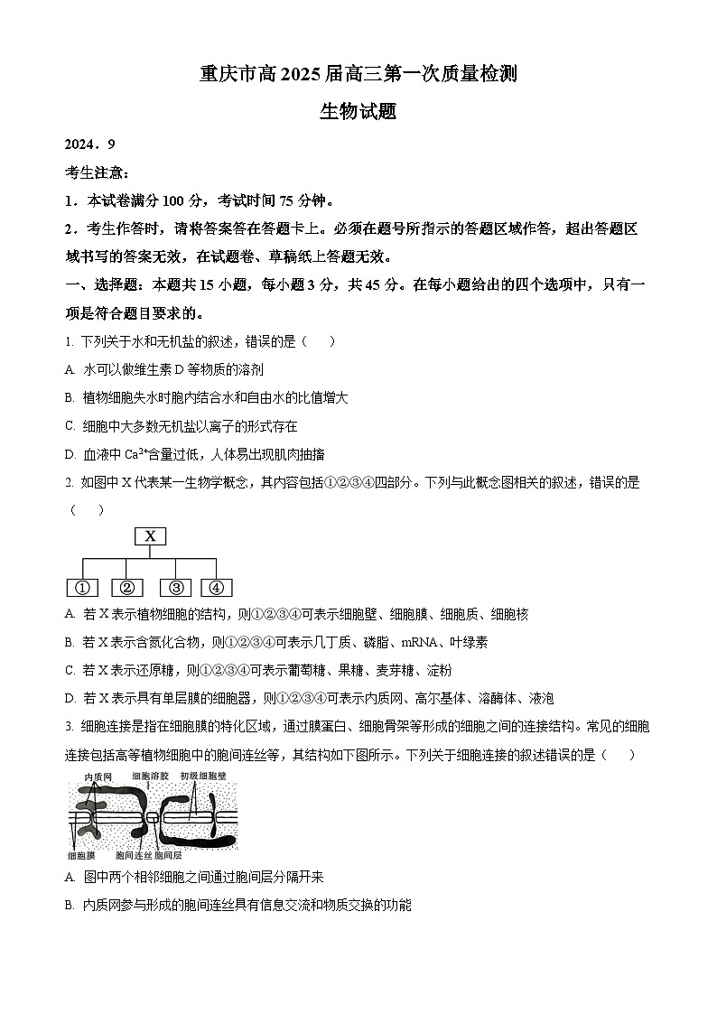 重庆市沙坪坝区南开中学校2024-2025学年高三上学期9月第一次质量检测生物试题 Word版无答案第1页