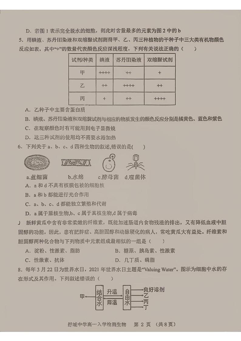 安徽省舒城中学2024-2025学年高一上学期入学检测生物试题02