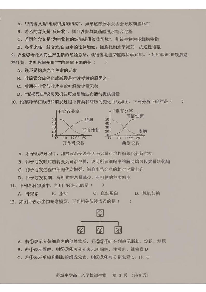 安徽省舒城中学2024-2025学年高一上学期入学检测生物试题03