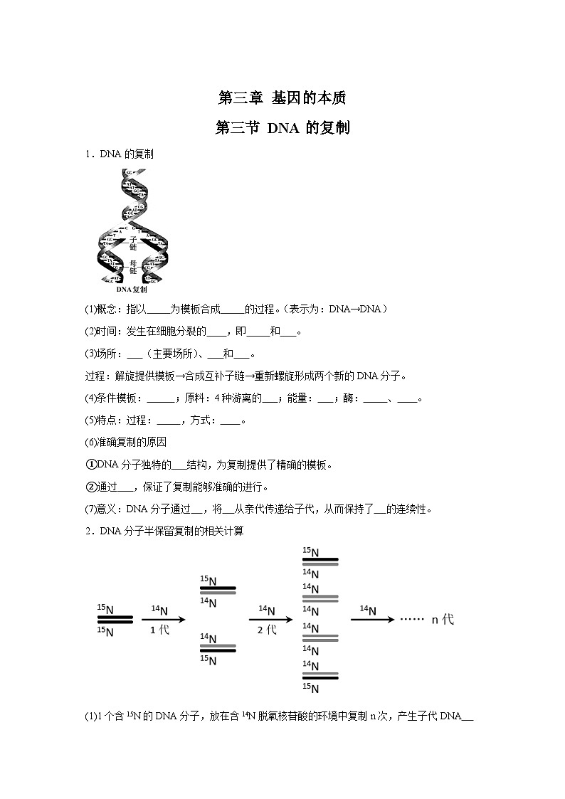 高中生物微专题-必修二知识填空-第3章 第3节 DNA的复制-2025年高考生物一轮复习知识填空练习第1页