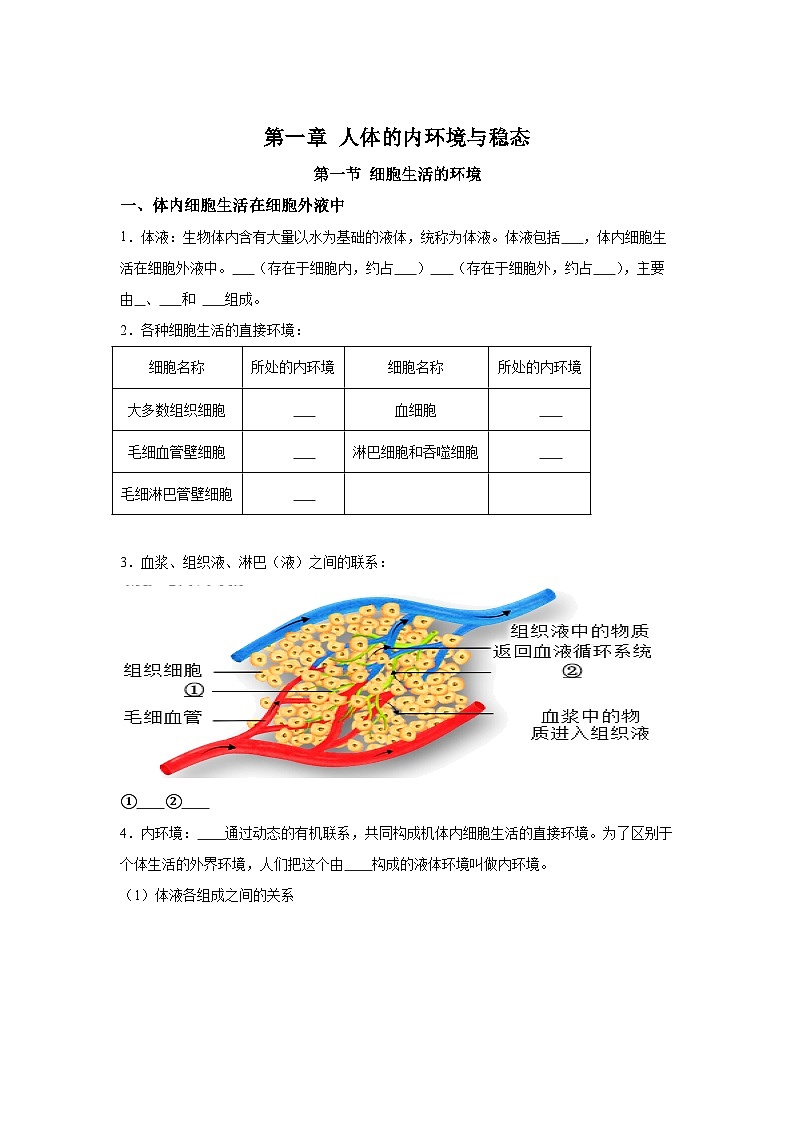 高中生物微专题-选必一知识填空-第1章 第1节 细胞生活的环境-2025年高考生物一轮复习知识填空练习第1页