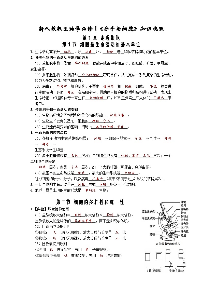 人教版(2019)高中生物必修一 第1章 《走近细胞》(答案版)同步练习第1页