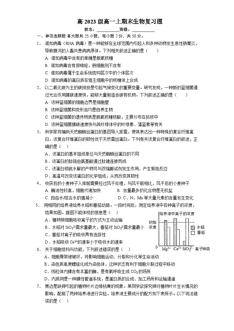 四川省广安中学2023-2024学年高一上学期期末模拟考试生物试题01