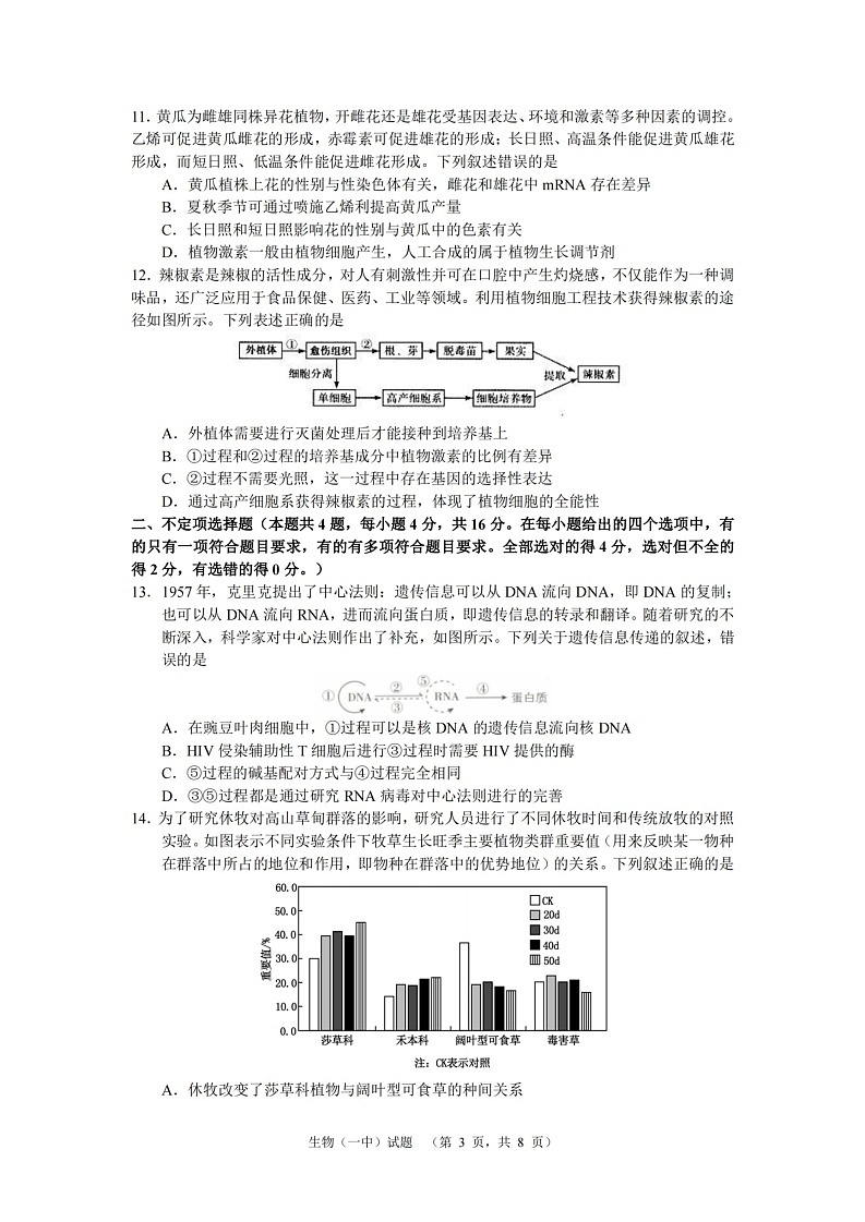 湖南省长沙市一中2024-2025学年高三上学期阶段性检测(一)生物试题第3页
