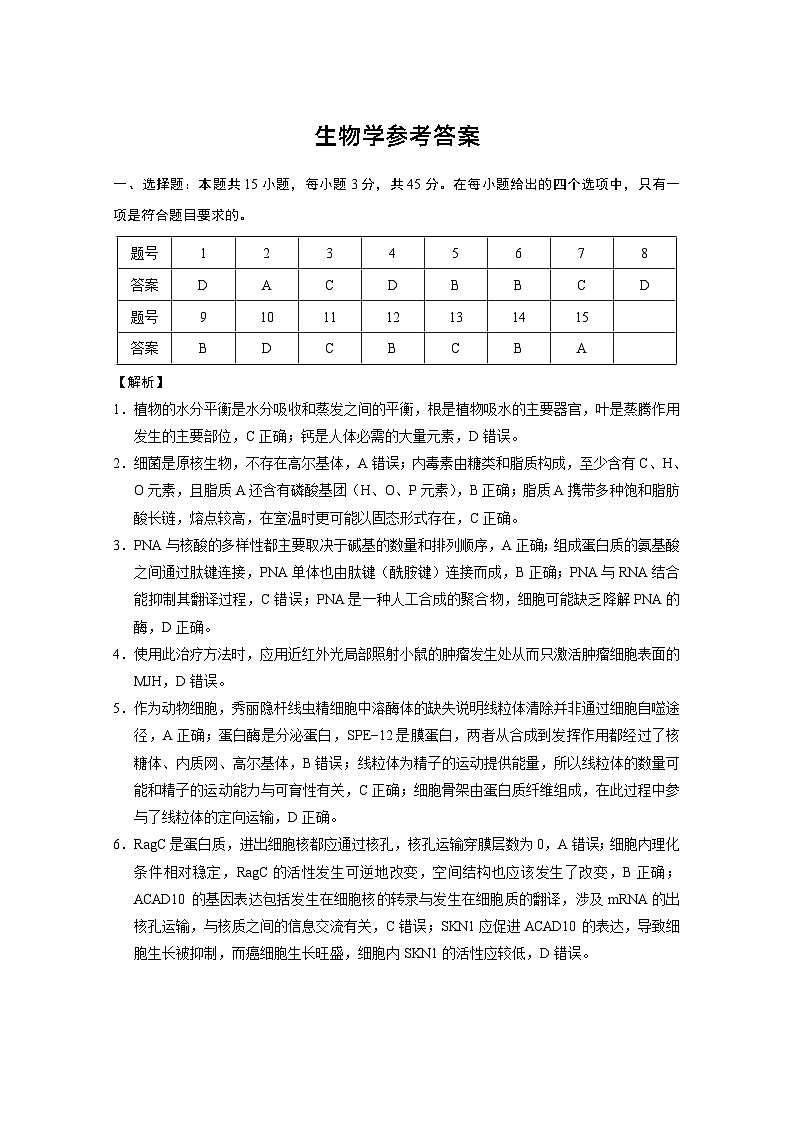 巴蜀中学2025届高考适应性月考卷(一)生物-答案第1页