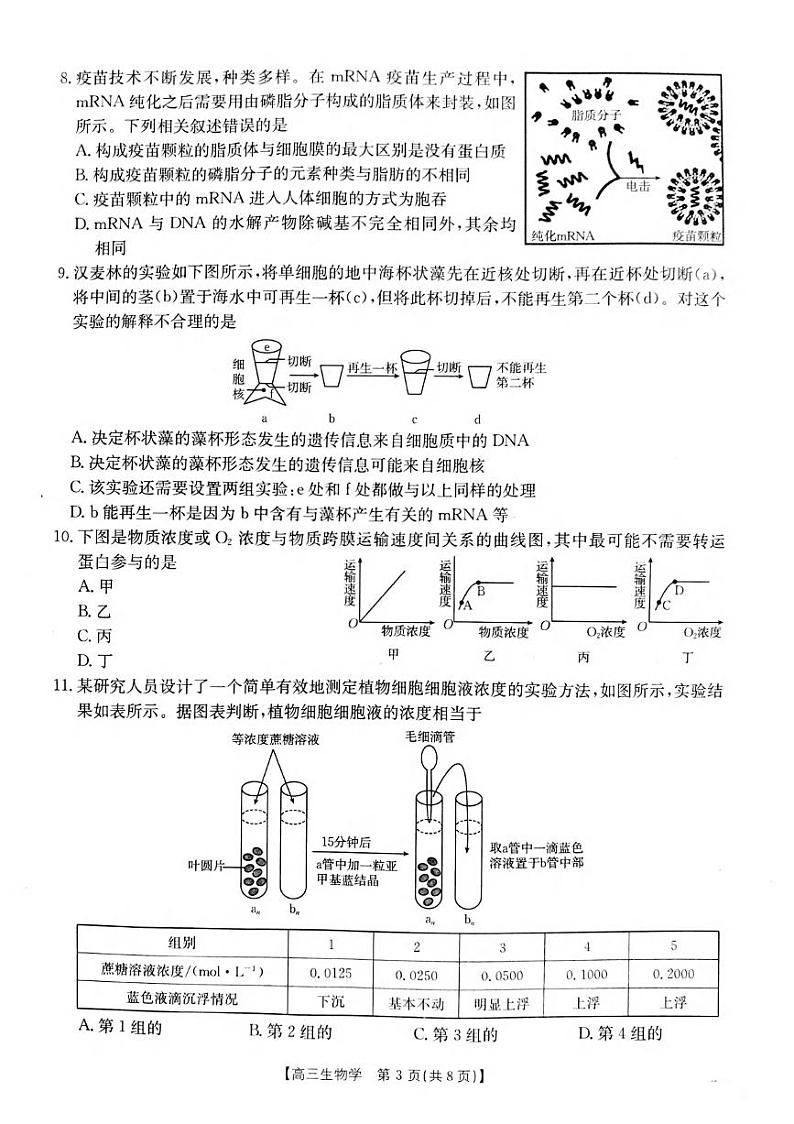 生物丨山西省长治市2025届高三9月质量检测生物试卷及答案第3页