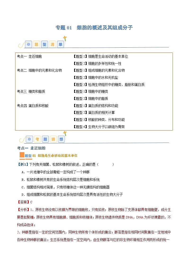 专题01 细胞的概述及其组成分子(11大题型)-2025年高考生物一轮复习题型冲关讲义(新高考通用)01