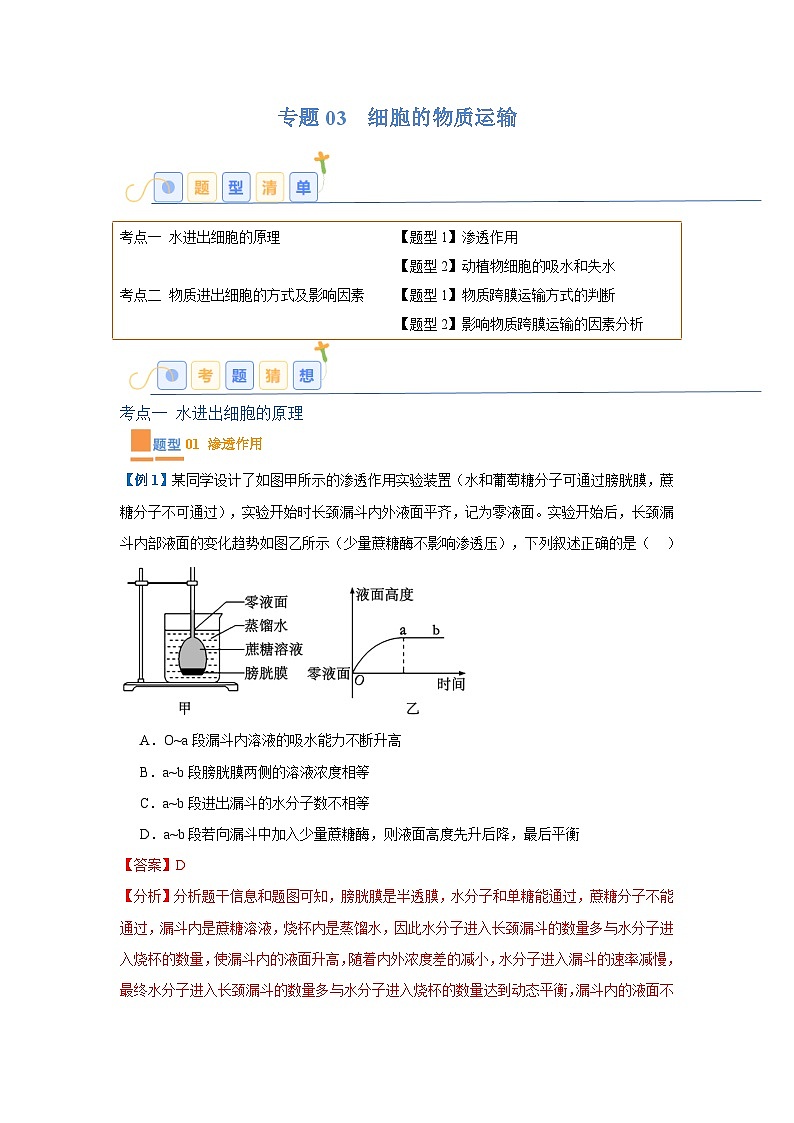 专题03 细胞的物质运输(4大题型)(解析版)第1页