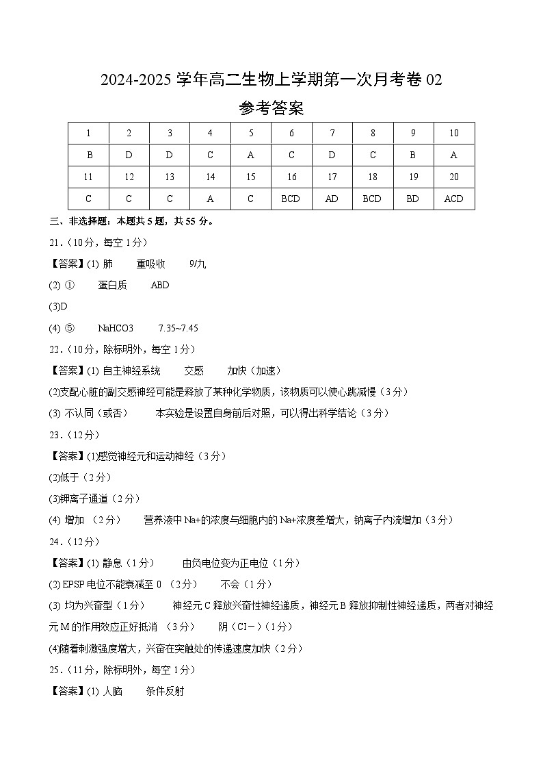 新高考通用高中生物高二上学期第一次月考卷02(1~2章)含答案解析01