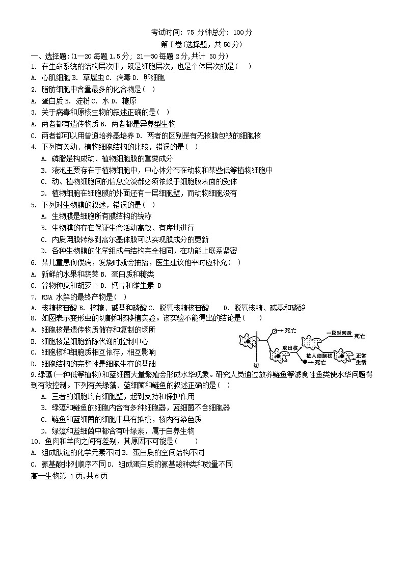 四川省内江市威远县2023_2024学年高一生物上学期12月月考试题无答案第1页