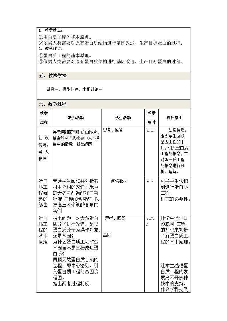 3.4蛋白质工程的原理和应用 教学设计 高中生物人教版选择性必修302