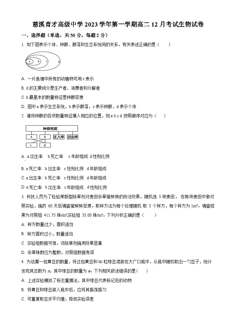 浙江省慈溪赫威斯育才高级中学2023-2024学年高二上学期12月月考生物试题 Word版无答案第1页