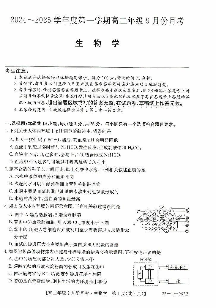 河北省沧州市2024-2025学年高二上学期9月月考生物试题第1页
