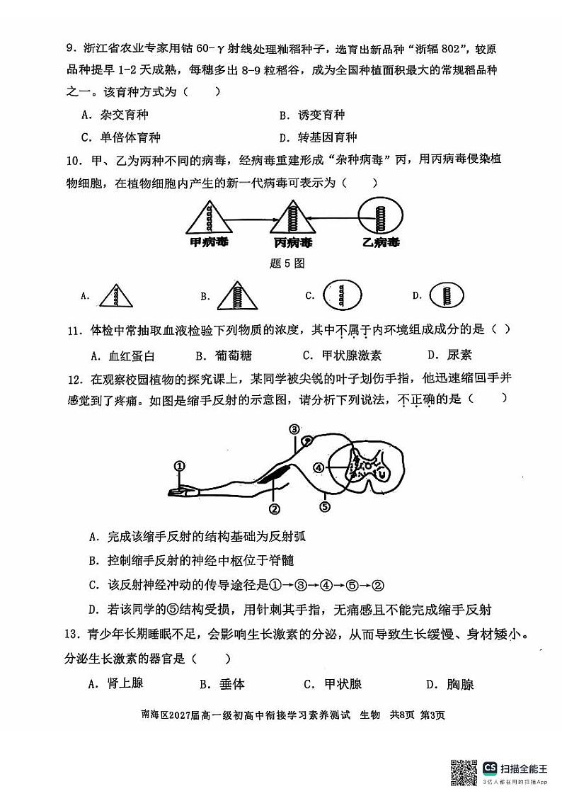 广东省佛山市南海区2024-2025学年高一上学期9月初高中衔接测试生物试题第3页