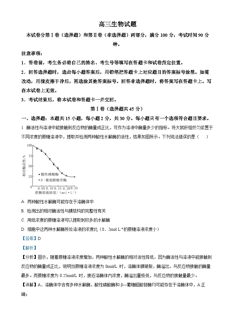 山东省德州市2024届高三下学期开学摸底考试生物试题（Word版附解析）