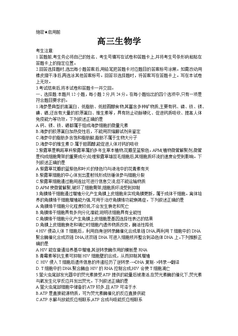 湖南省部分学校2024-2025学年高三上学期9月月考生物试题第1页