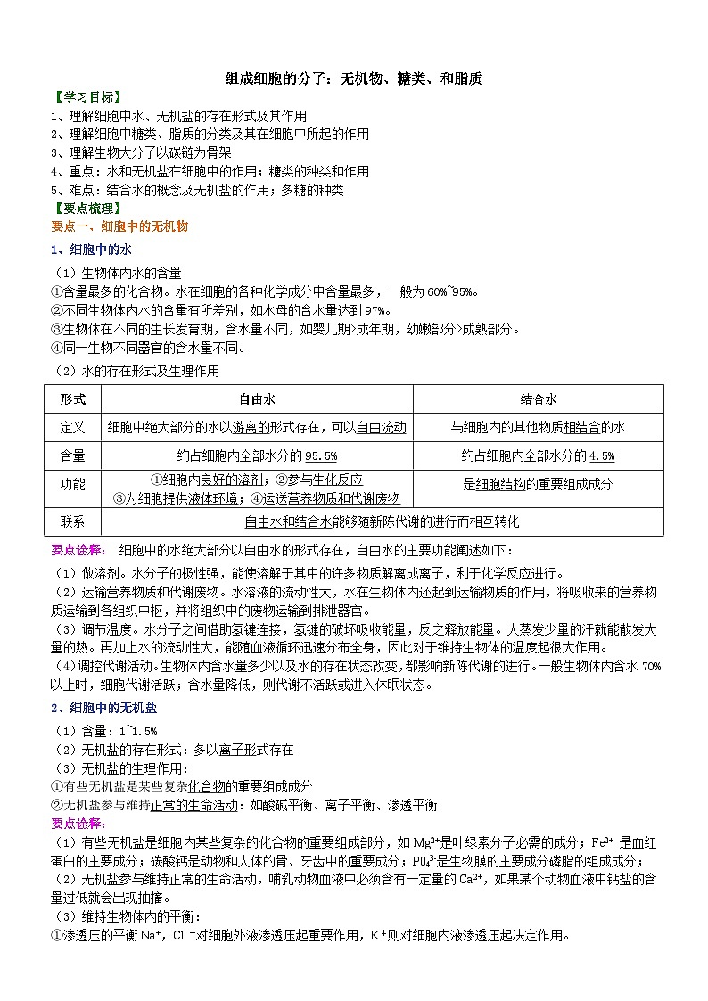 第二讲组成细胞的分子:细胞中的无机物、糖类和脂质学案第1页