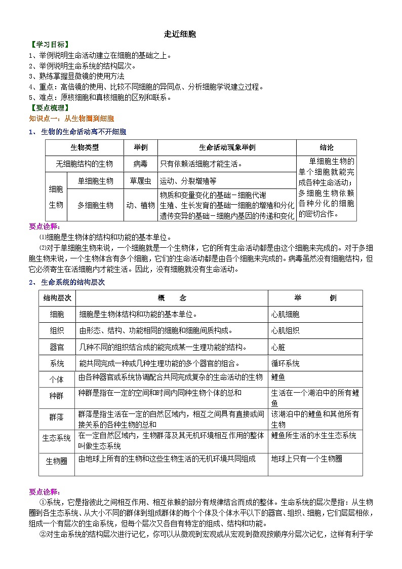 人教版高中生物必修一第一讲走进细胞学案01