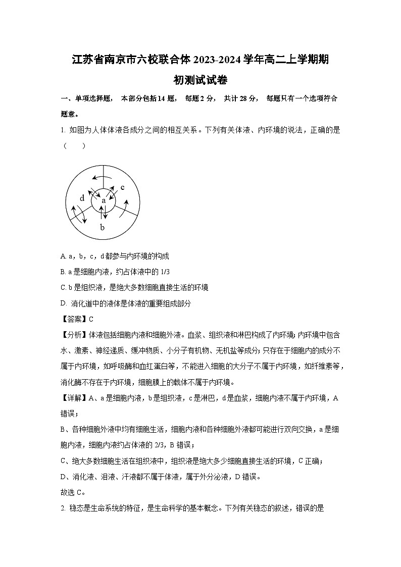 【生物】江苏省南京市六校联合体2023-2024学年高二上学期期初开学测试试卷(解析版)第1页