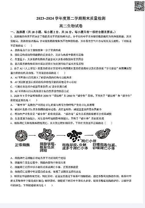 湖北省武汉市江岸区2023-2024学年高二下学期7月期末考试+生物试卷(含答案)第1页