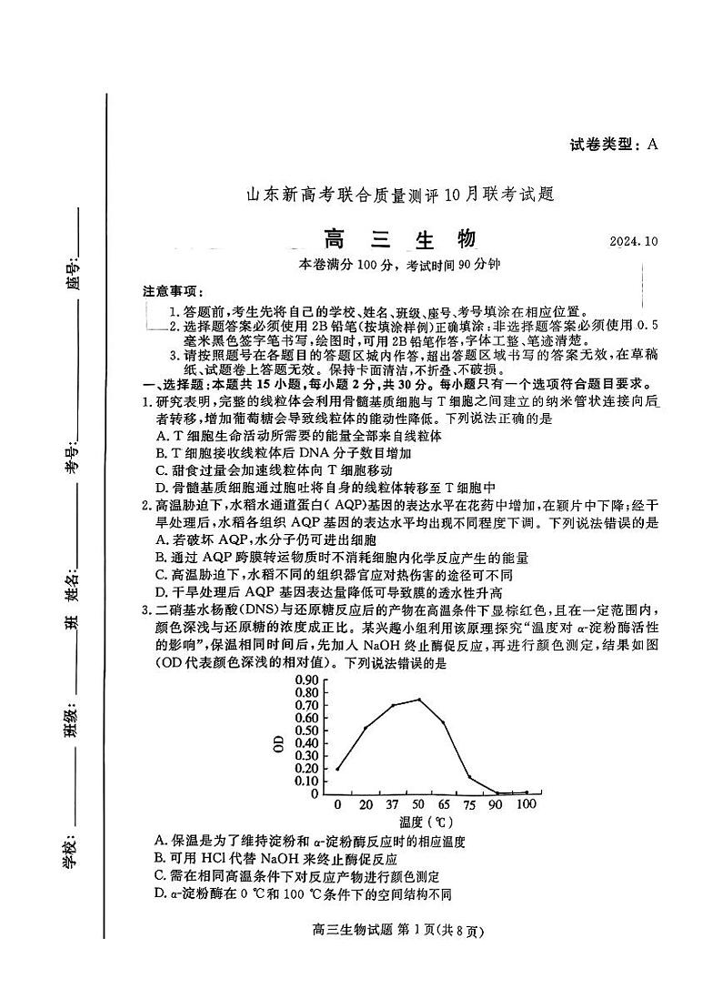 山东新高考联合质量测评10月联考高三生物试题第1页