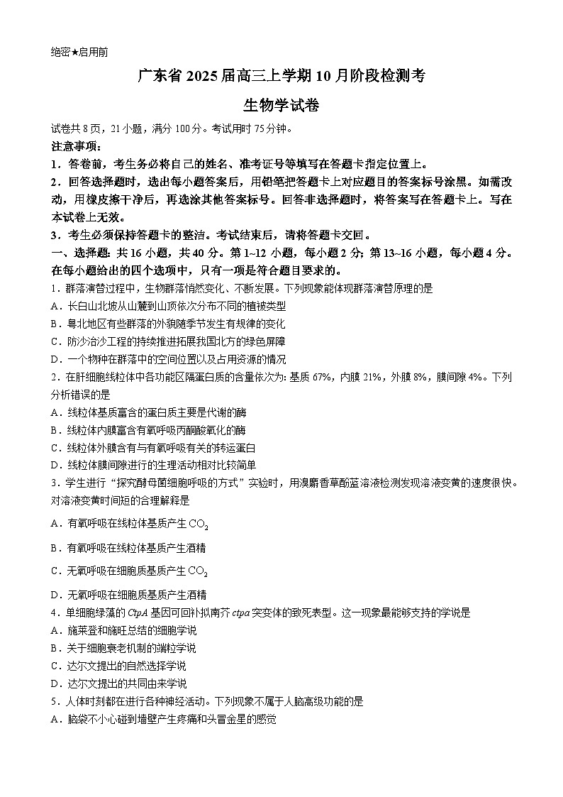 广东省稳派联考2024-2025学年高三上学期10月月考生物试题第1页